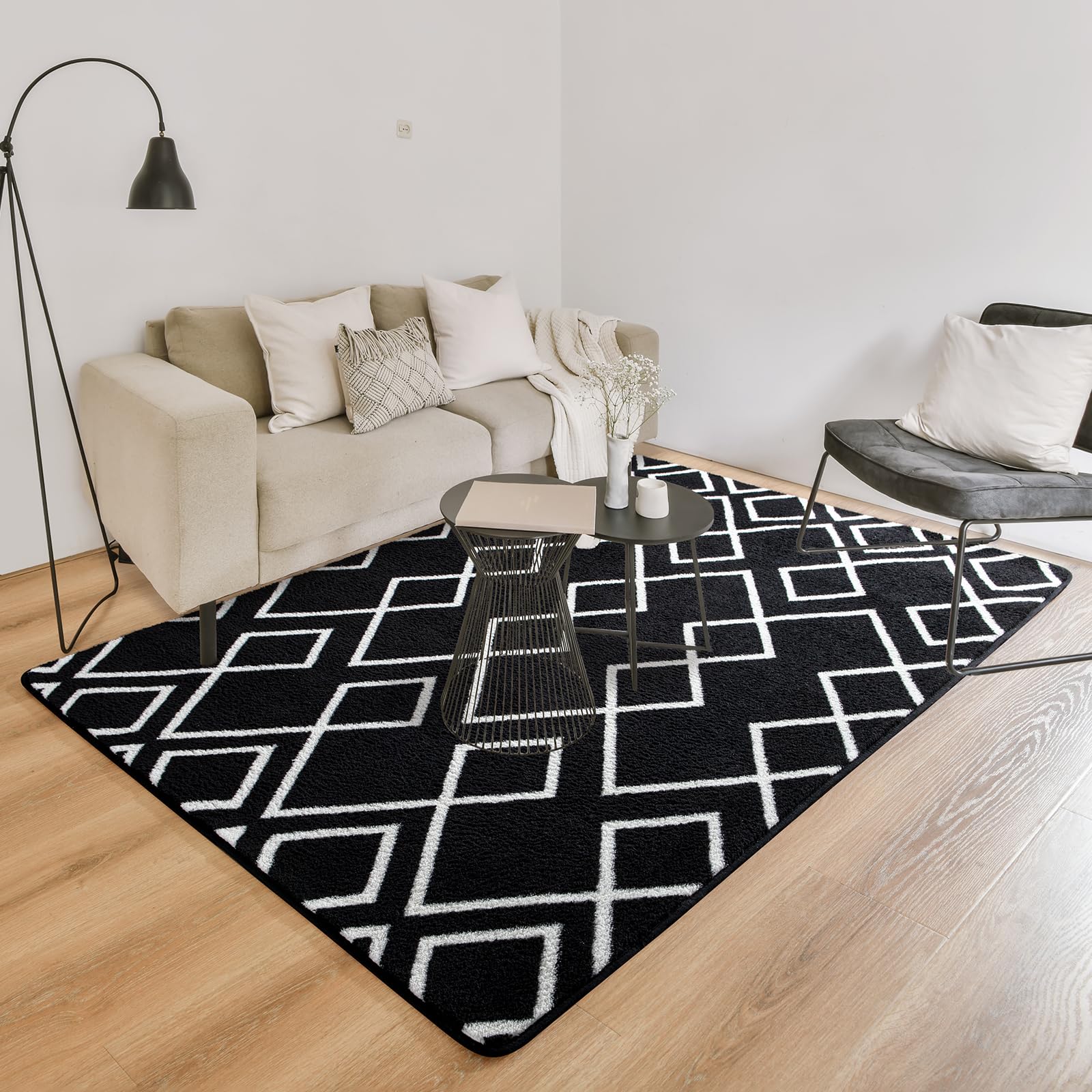 Toneed Geometric Area Rugs Memory Foam Carpet, 4 x 6 Feet Black Washable Shag Rug Modern Low Pile Moroccan Rug for Bedroom Living Room Dorm Nursery Kids Room Home Decor