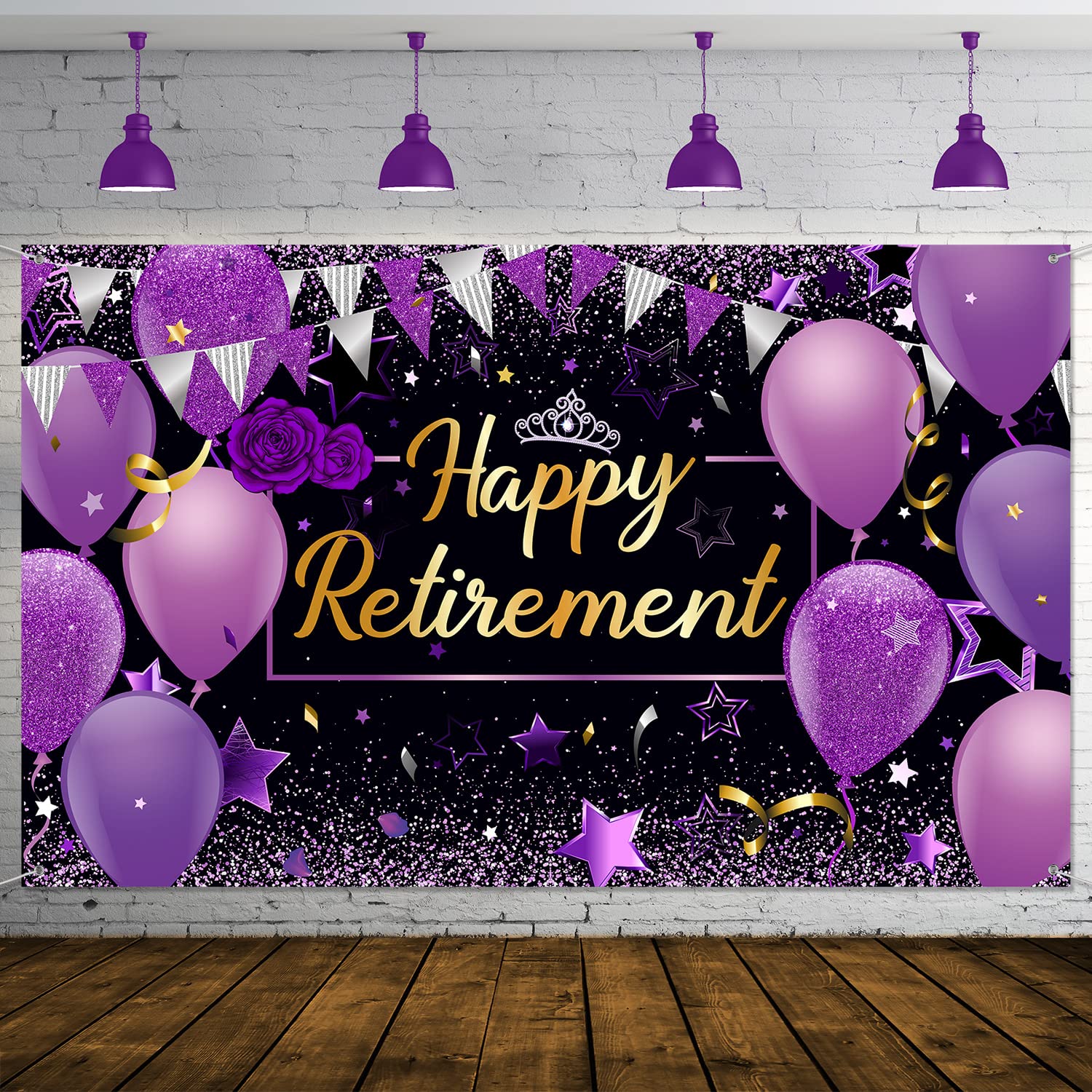 Blulu Retirement Party Decorations, Extra Large Fabric Retirement Sign Banner Photo Booth Backdrop Background with Rope for Retirement Party Favor(72.8 x 43.3 Inches,Purple and Black)