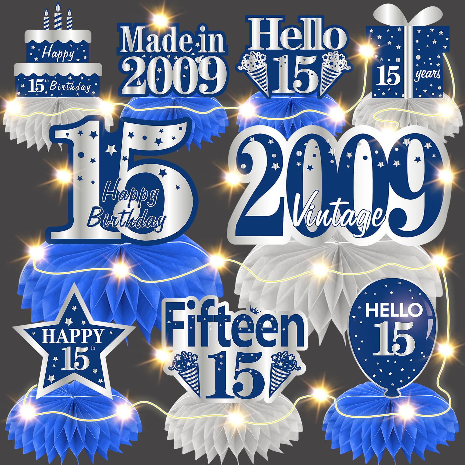 Bumqviy 9Pcs Happy 15th Birthday Honeycomb Centerpieces Decorations with String Lights for Boy, Blue Silver Made in 2009 Table Centerpieces Party Supplies, Fifteen Year Old Birthday Table Toppers Sign