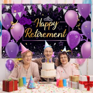 Blulu Retirement Party Decorations, Extra Large Fabric Retirement Sign Banner Photo Booth Backdrop Background with Rope for Retirement Party Favor(72.8 x 43.3 Inches,Purple and Black)