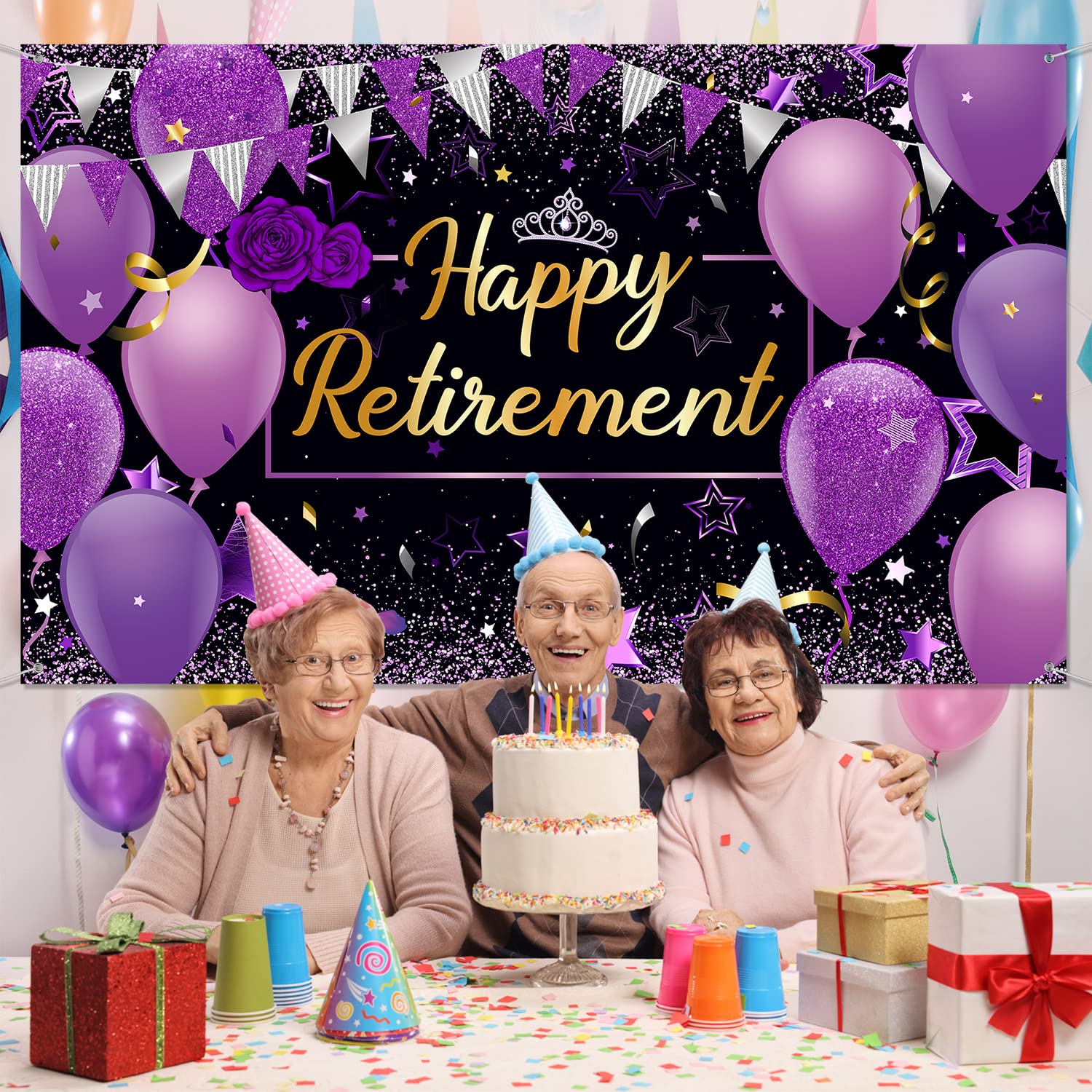 Blulu Retirement Party Decorations, Extra Large Fabric Retirement Sign Banner Photo Booth Backdrop Background with Rope for Retirement Party Favor(72.8 x 43.3 Inches,Purple and Black)