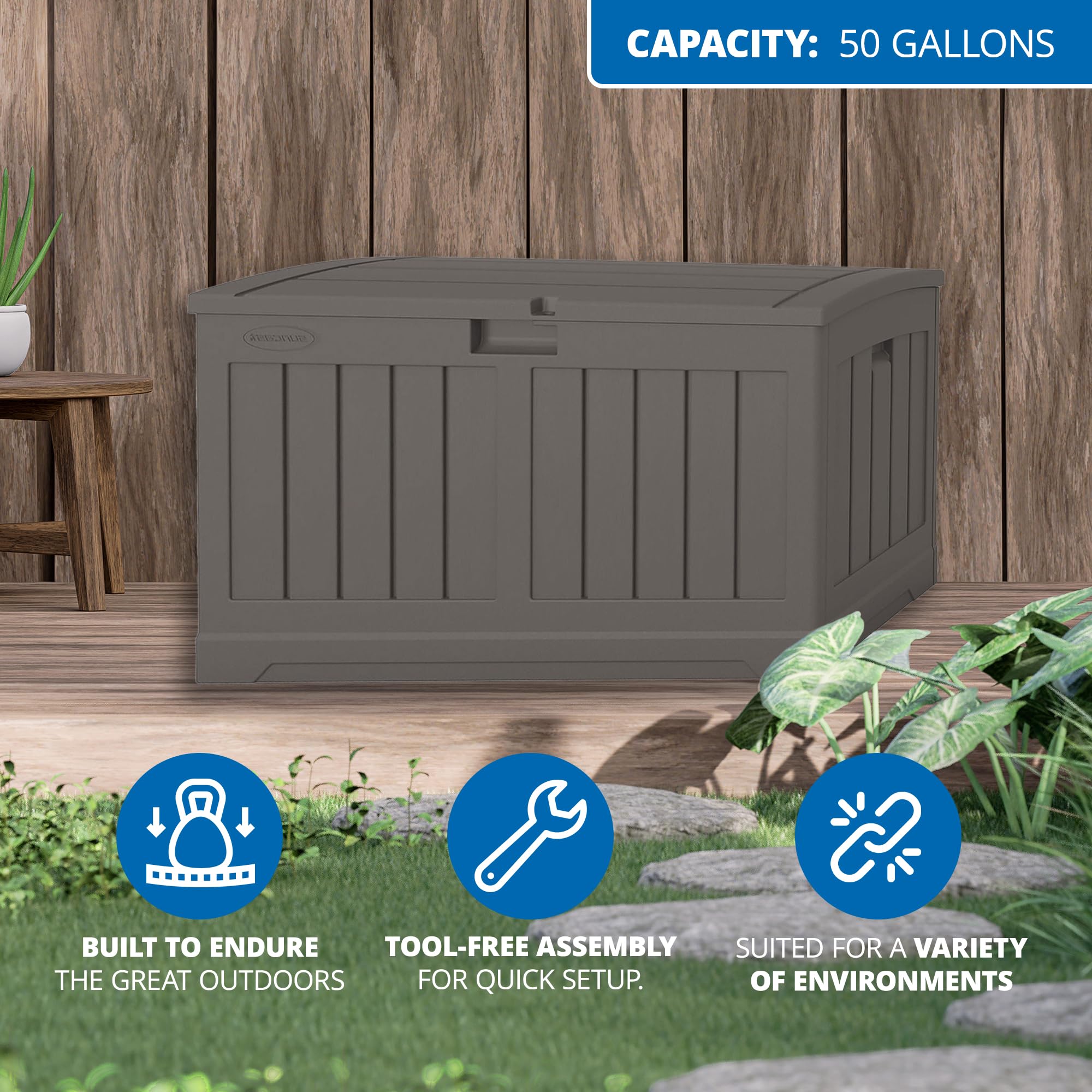 Suncast 50 Gallon Plastic Deck Box with Molded Lockable Feature and Weathertight Construction for Home, Patio, Lawn, and Garden Storage, Gray