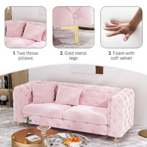 OUYESSIR Modern Velvet Sofa for Living Room, 75 Inches Long Tufted Couch, Upholstered Sofa with 2 Pillows Wide Armrest and Metal Legs for Bedroom Office (Pink)