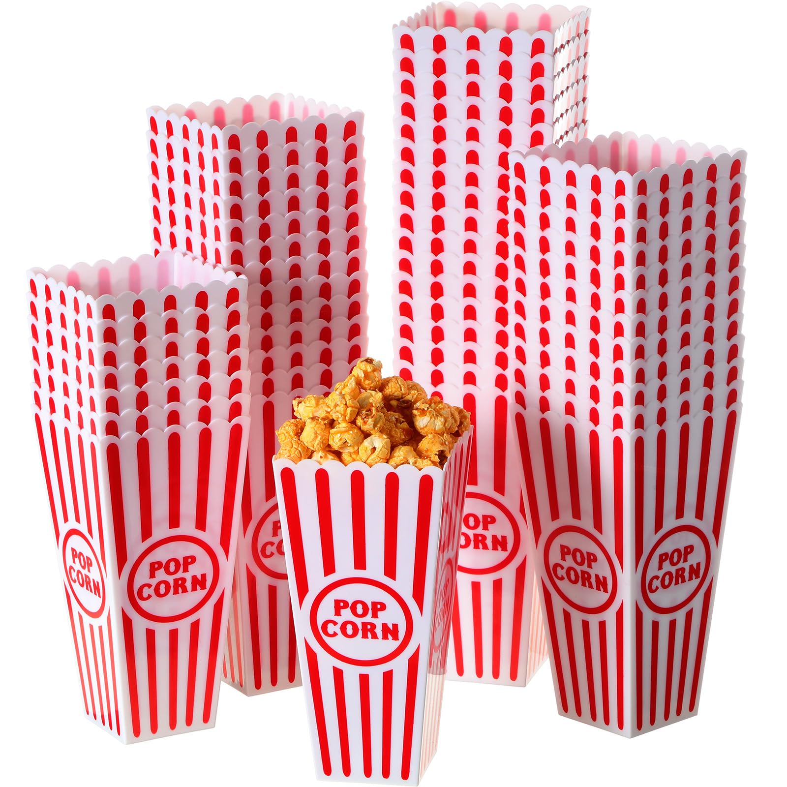 Plastic Popcorn Boxes Reusable Open Top Popcorn Containers Red and White Striped Popcorn Buckets Bulk for Movie Night, Classic Retro Style, 7.7 x 3.9 x 2.4 Inch (50 Pcs)