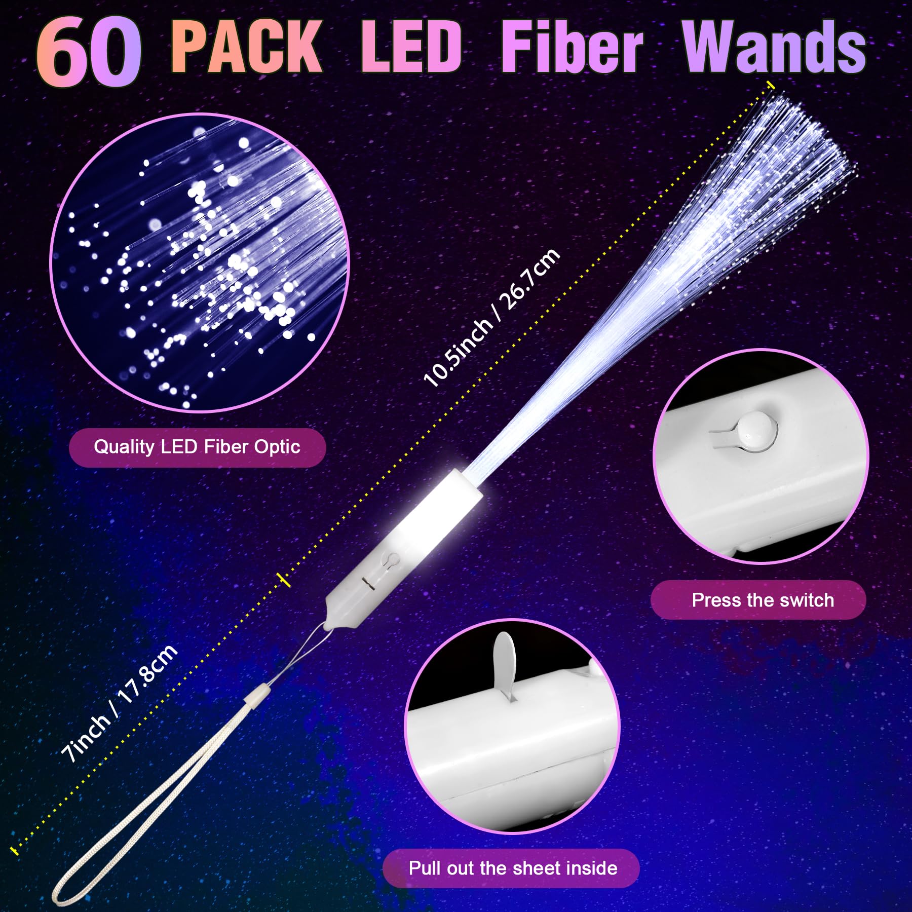 YOFOBU 60 PCS White Fiber Optic Wands Glow Fiber Wands Bulk LED Light Up Wands with 3 Flashing Modes LED Flashing Sticks for Halloween Christmas Valentine's Day July 4th Wedding Bridal Shower Birthday