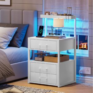 AOGLLATI Nightstand Set of 2 with Charging Station and LED Lights, Bedside Table with 3 Drawers and Open Storage Shelves, 2 USB Ports and 2 AC Outlets, LED Night Stand for Bedroom, 2 Pack, White