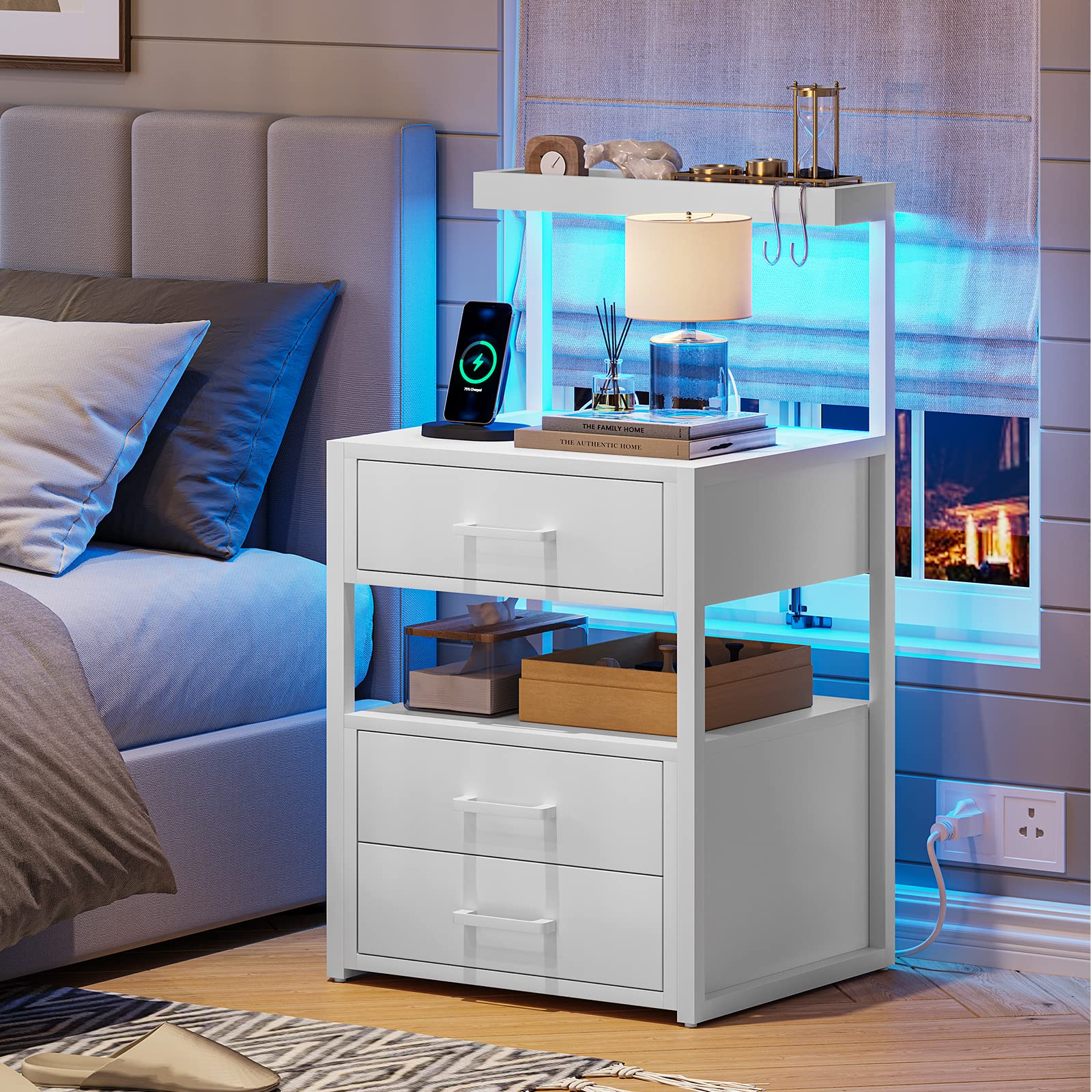 AOGLLATI Nightstand Set of 2 with Charging Station and LED Lights, Bedside Table with 3 Drawers and Open Storage Shelves, 2 USB Ports and 2 AC Outlets, LED Night Stand for Bedroom, 2 Pack, White