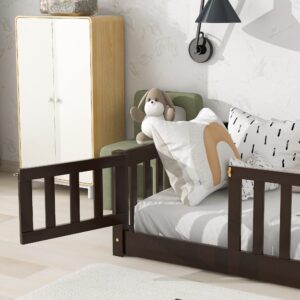 Bellemave Twin Size Wooden Floor Bed Frame with Fence Railings and Support Slats for Kids, Espresso