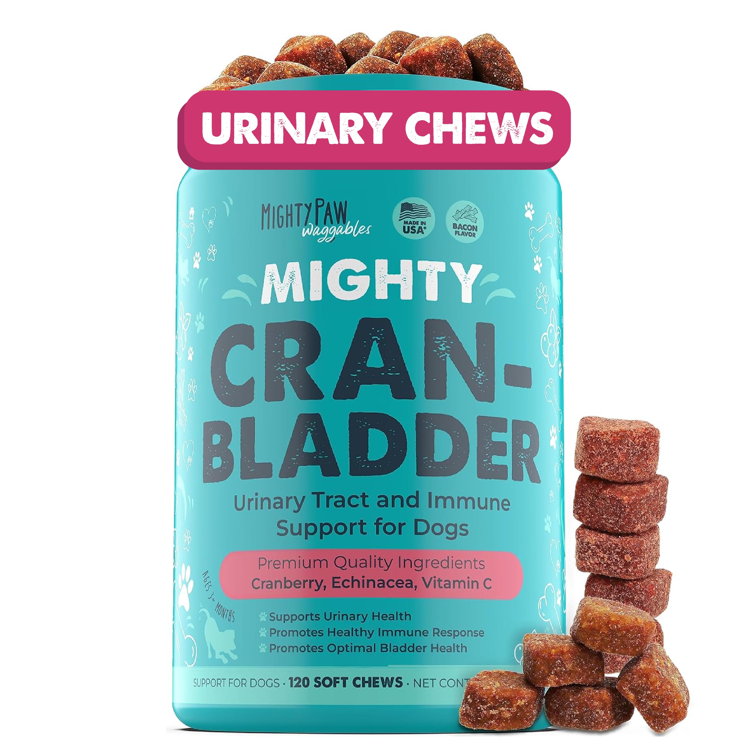 Mighty Paw Waggables Cran-Bladder (Made in The USA) | Cranberry Supplement for Dogs, Cranberry Chews for Urinary Tract Health. Kidney, & Bladder Support. Antioxidant Immune Health (120 Count)