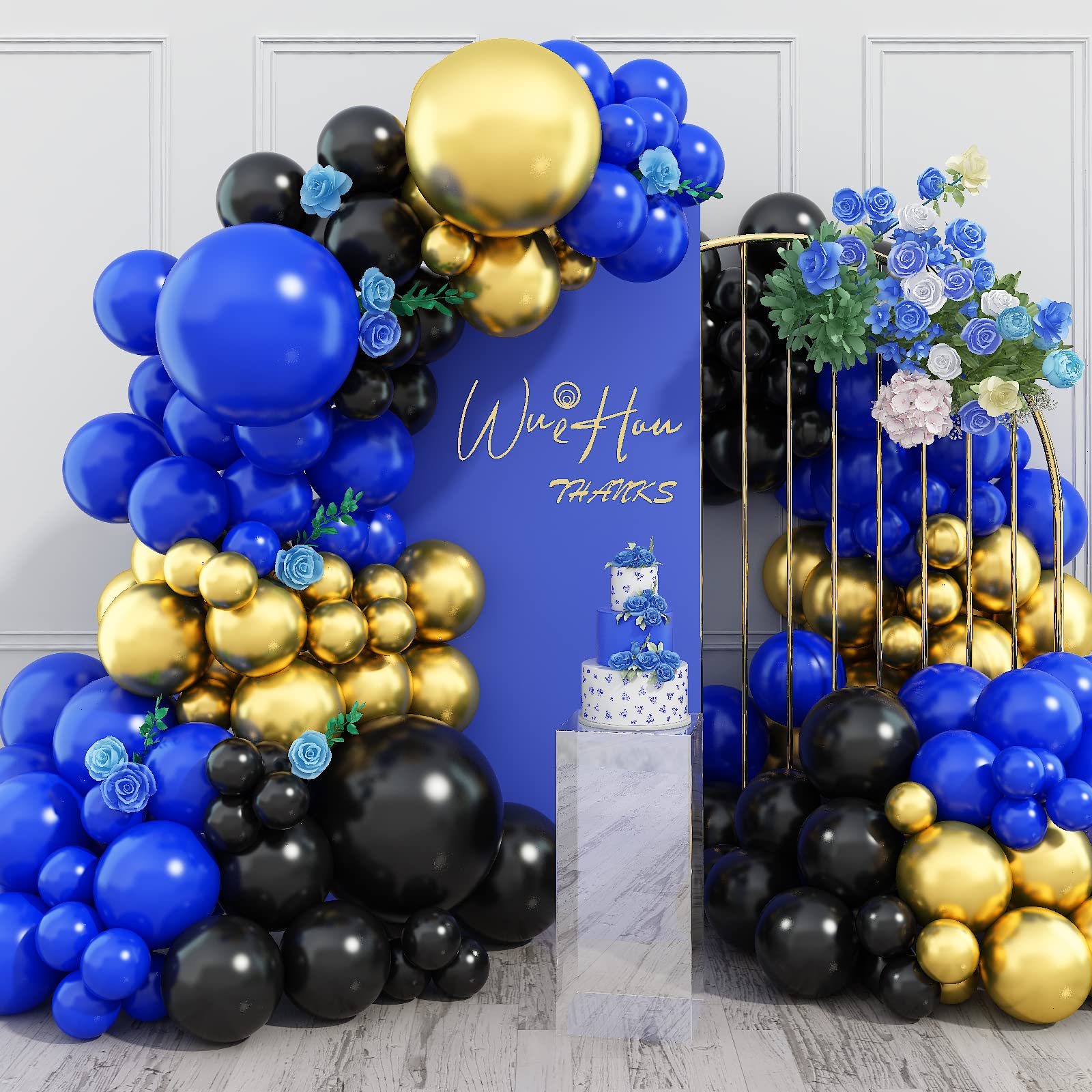 Black Blue Balloon Arch Kit, Black Blue Balloon Garland with Black Blue and Gold Latex Balloons, Black Blue Gold Balloon Arch Garland for Birthday, Baby Shower, Wedding, Anniversary Party Decorations