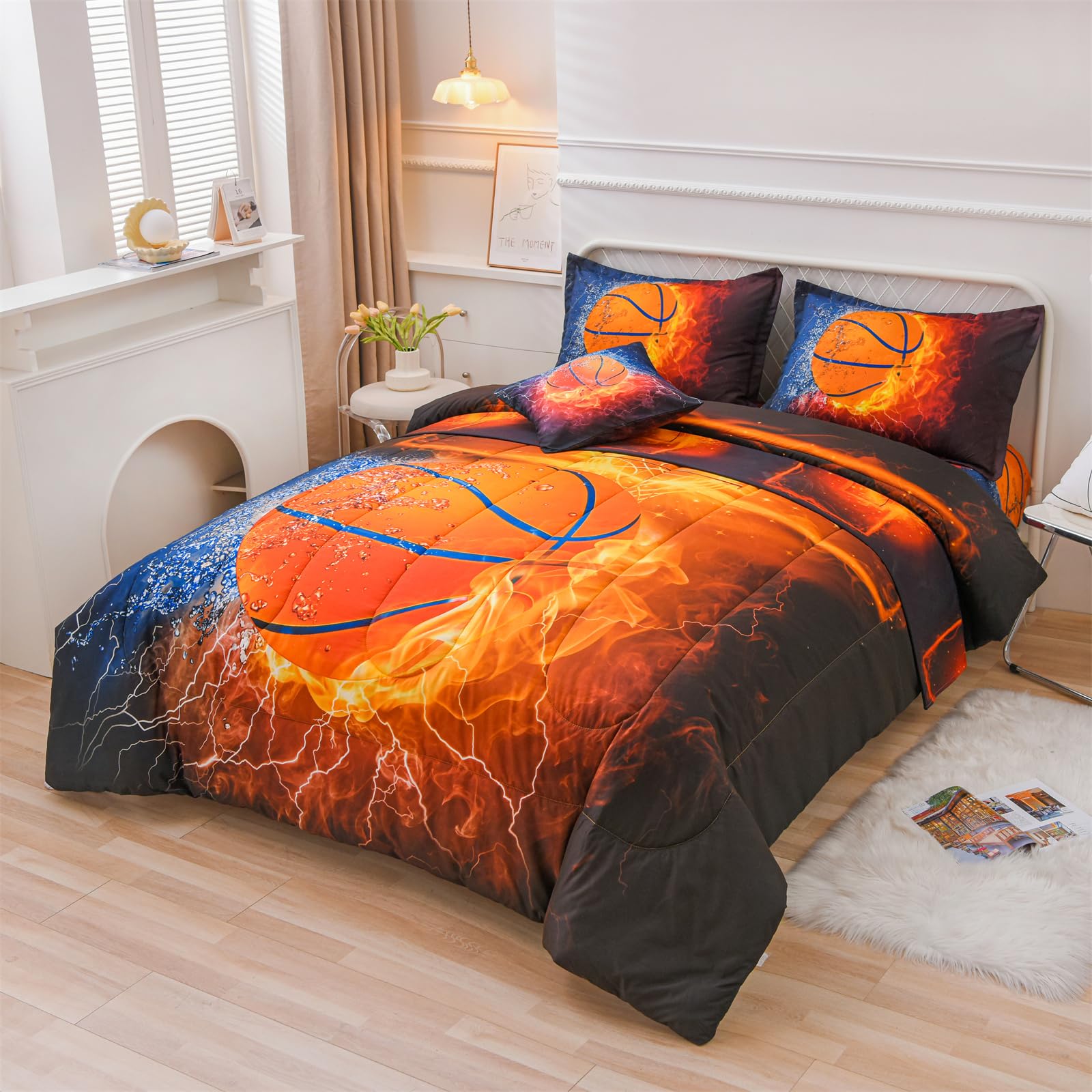 A Nice Night Basketball Print,with Fire and Ice Pattern,Comforter Quilt Set 6PCS Bedding Sets, for Boys Kids Teen (Basketball, Twin)