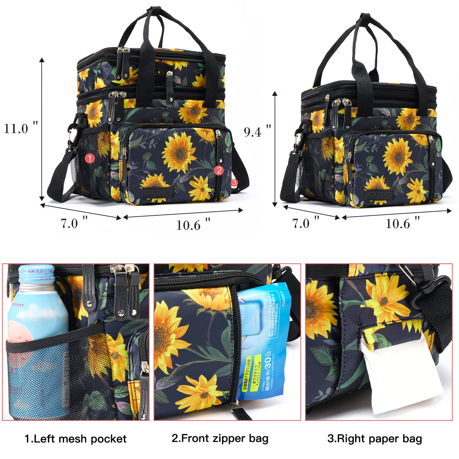 MOV COMPRA Lunch Bag for Women Men Double Deck Lunch Box,Expandable Large Lunch Bags,Leakproof Lunch Box Cooler Bag (Sunflower)