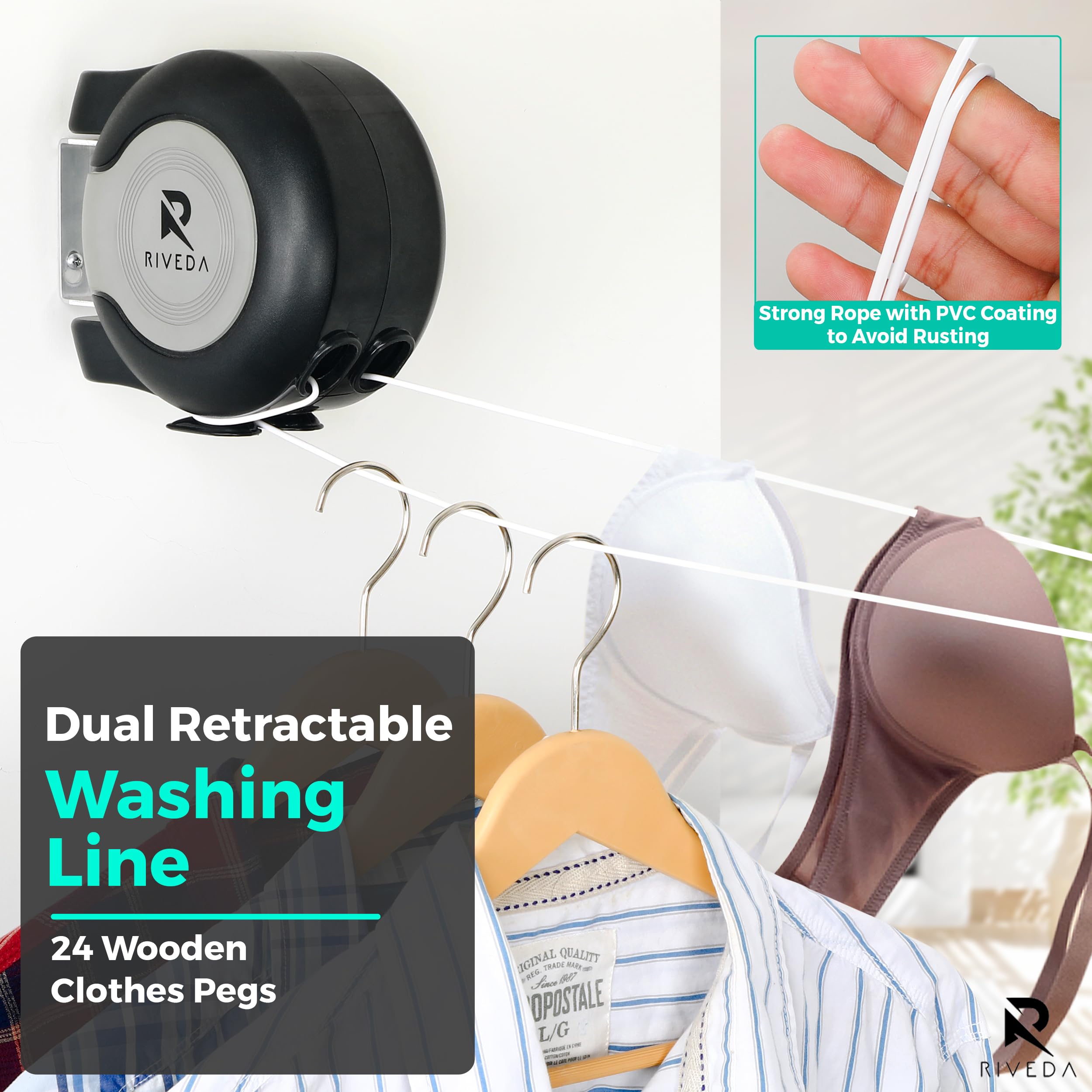 RIVEDA Retractable Double Clothesline with 24 Clothes Pins - Heavy Duty Clothes Line Indoor & Outdoor Laundry Line - (2 x 50 Feet) Dual Clothing line - Easy Installation (Black)