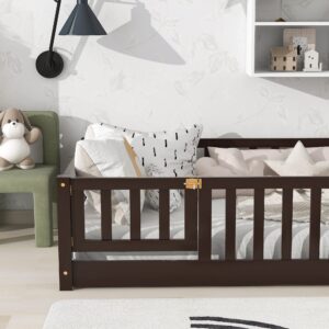 Bellemave Twin Size Wooden Floor Bed Frame with Fence Railings and Support Slats for Kids, Espresso