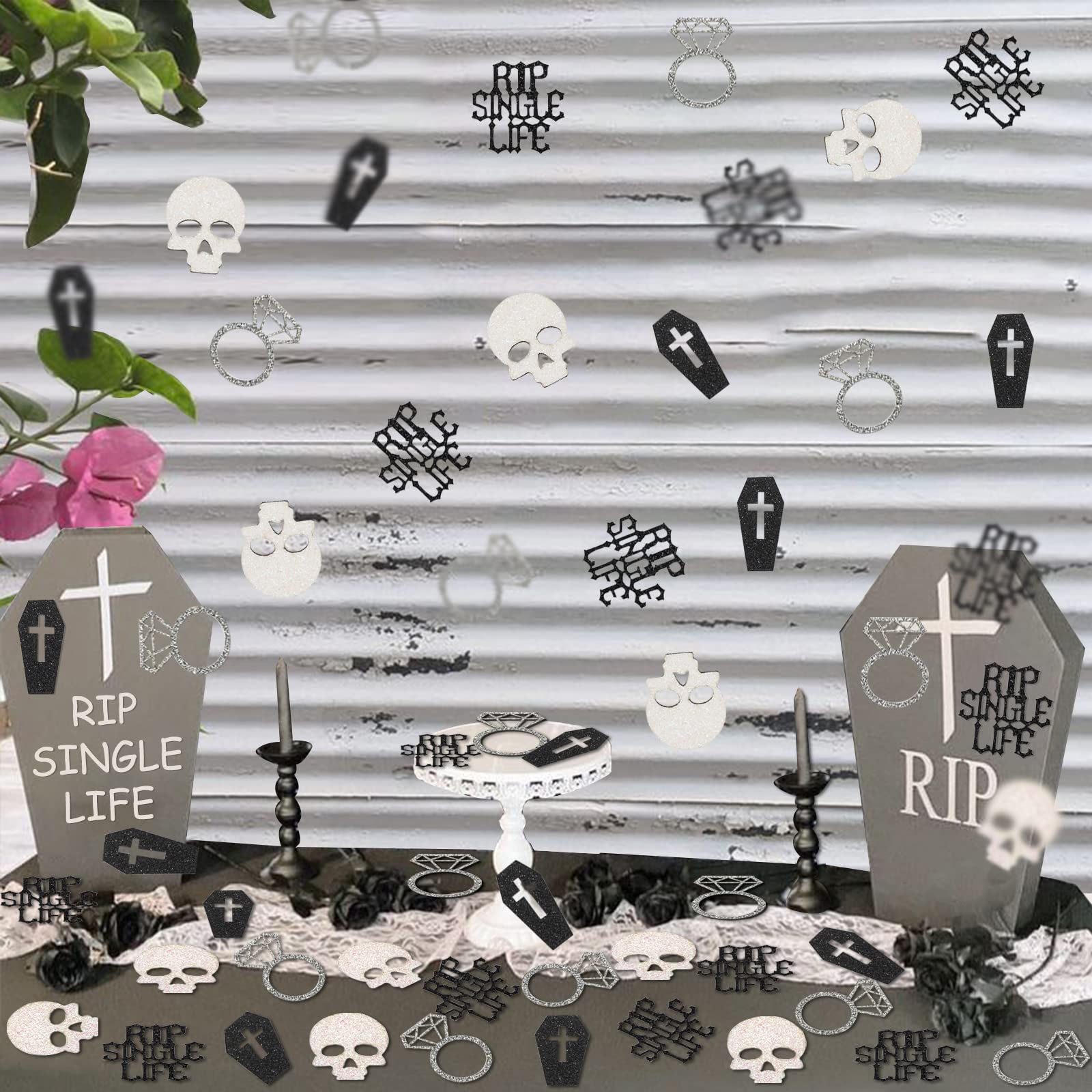 Gothic Bachelorette Party Decorations, Rip Single Life Confetti Glitter for Table Skull Coffin Paper Scatter for Bridal Shower Engagement Wedding Party Supplies