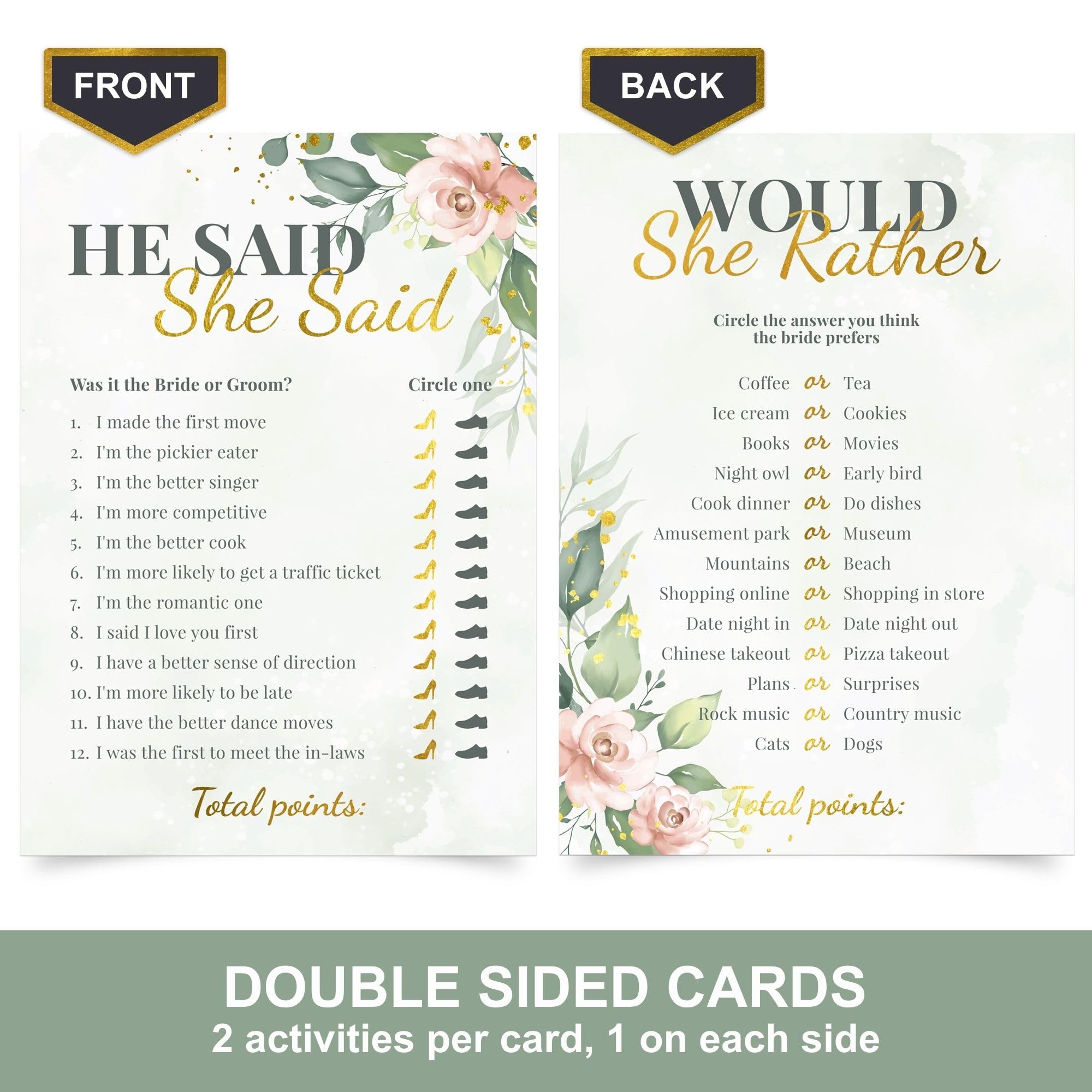 Bridal Shower Games + Advice Cards - For 30 Guests - 4 Activities on Double Sided Cards Includes 3 Games + 1 Advice Card - Greenery Floral Wedding Shower Games With Gold Metallic Details. Set of 4