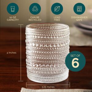 NASONI GLASSWARE - Set of 6, 10 oz Clear Hobnail Drinking Glasses in Luxury Box, Embossed Beaded Drinking Glasses, Versatile Lowball Hobnail Glasses for All Occasions, Vintage Glassware Design