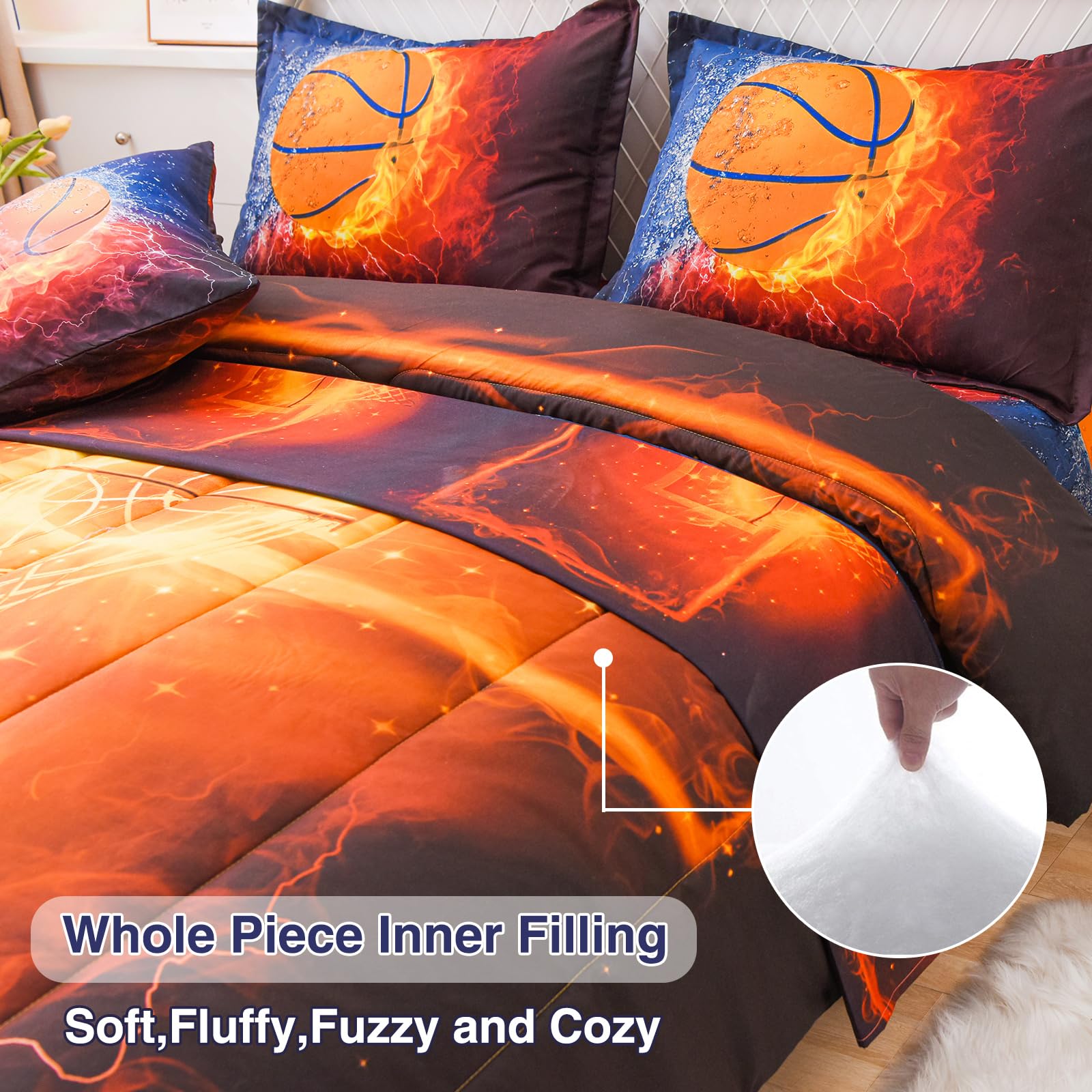 A Nice Night Basketball Print,with Fire and Ice Pattern,Comforter Quilt Set 6PCS Bedding Sets, for Boys Kids Teen (Basketball, Twin)