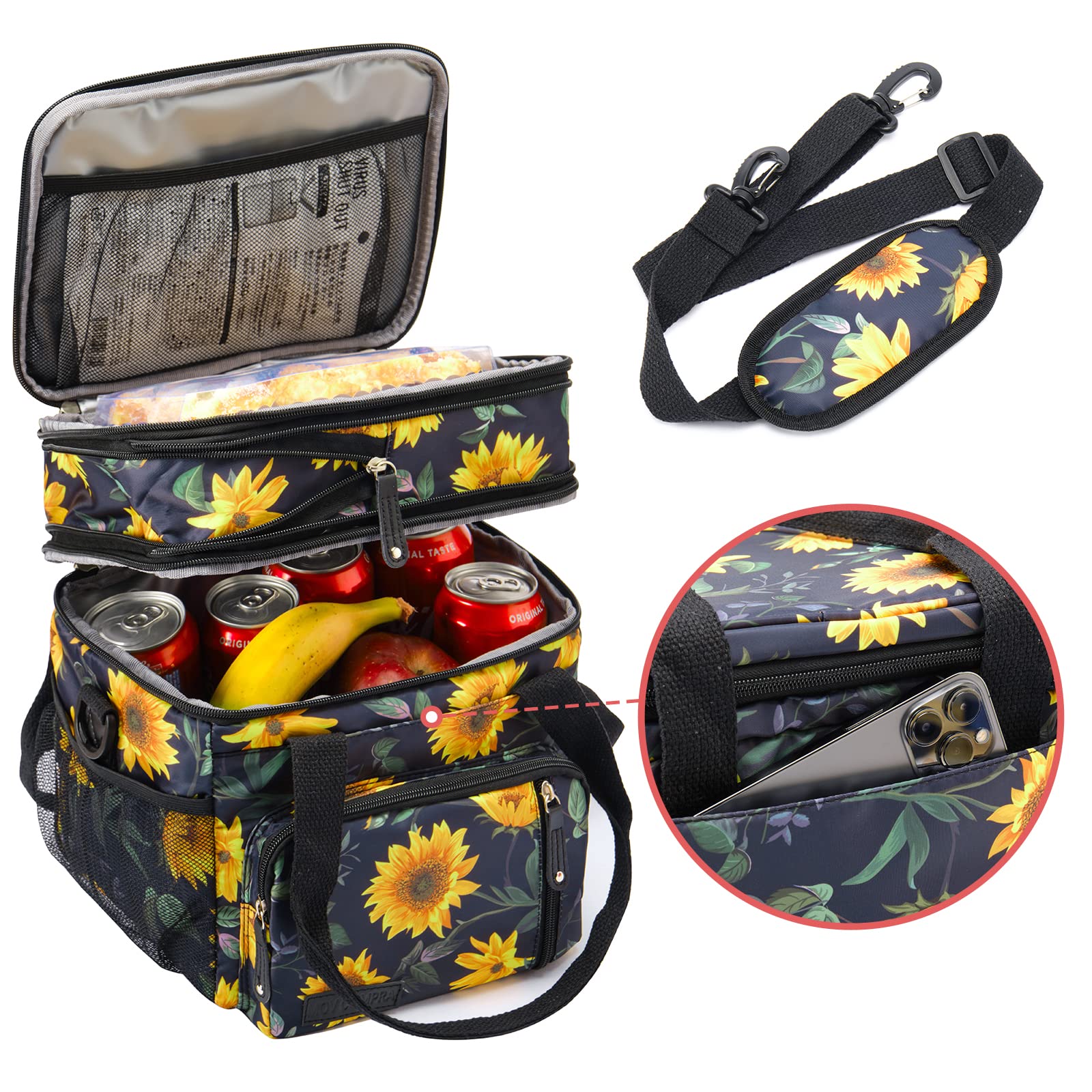 MOV COMPRA Lunch Bag for Women Men Double Deck Lunch Box,Expandable Large Lunch Bags,Leakproof Lunch Box Cooler Bag (Sunflower)