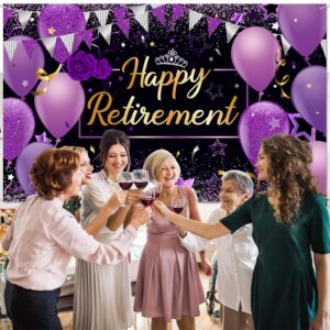 Blulu Retirement Party Decorations, Extra Large Fabric Retirement Sign Banner Photo Booth Backdrop Background with Rope for Retirement Party Favor(72.8 x 43.3 Inches,Purple and Black)