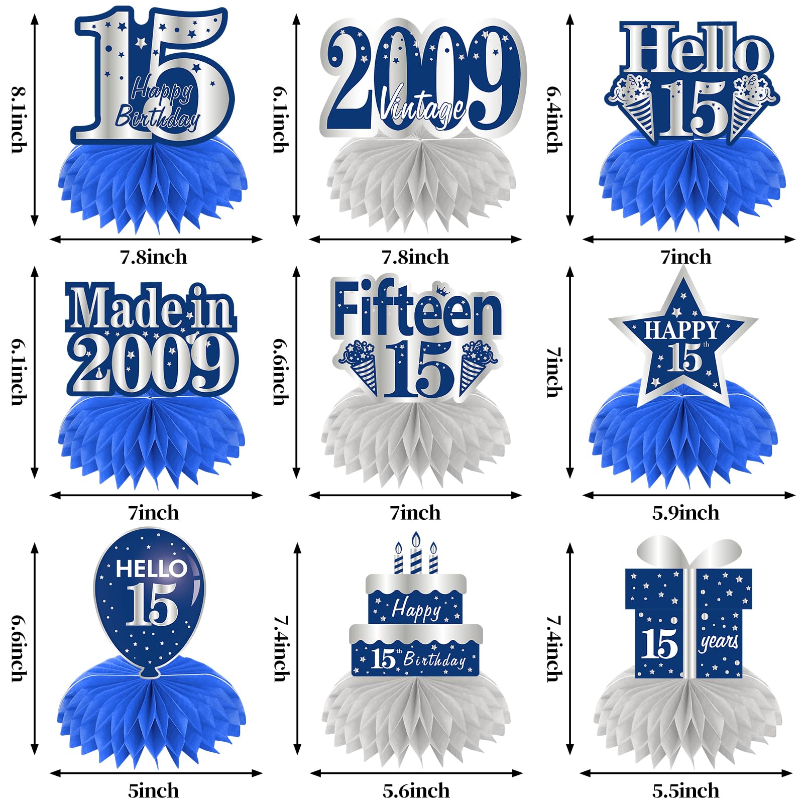 Bumqviy 9Pcs Happy 15th Birthday Honeycomb Centerpieces Decorations with String Lights for Boy, Blue Silver Made in 2009 Table Centerpieces Party Supplies, Fifteen Year Old Birthday Table Toppers Sign