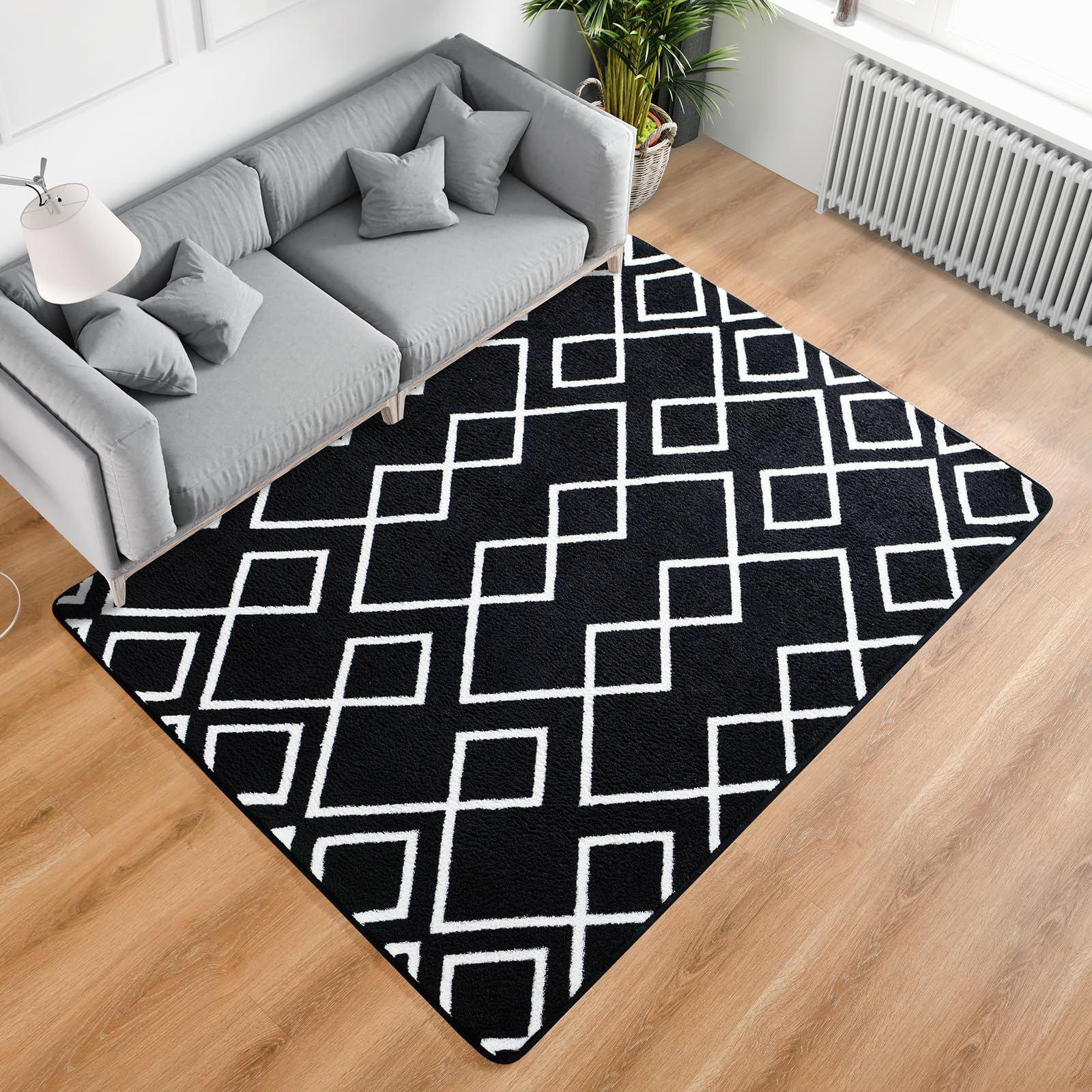 Toneed Geometric Area Rugs Memory Foam Carpet, 4 x 6 Feet Black Washable Shag Rug Modern Low Pile Moroccan Rug for Bedroom Living Room Dorm Nursery Kids Room Home Decor