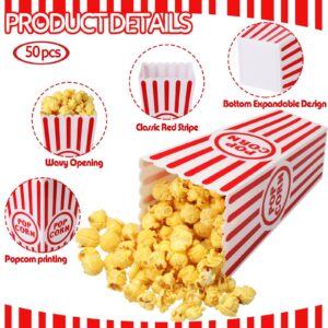 Plastic Popcorn Boxes Reusable Open Top Popcorn Containers Red and White Striped Popcorn Buckets Bulk for Movie Night, Classic Retro Style, 7.7 x 3.9 x 2.4 Inch (50 Pcs)