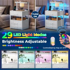 AOGLLATI Nightstand Set of 2 with Charging Station and LED Lights, Bedside Table with 3 Drawers and Open Storage Shelves, 2 USB Ports and 2 AC Outlets, LED Night Stand for Bedroom, 2 Pack, White