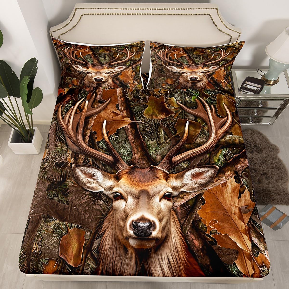 Camo Deer Kids Sheet Full Size,Dead Branches Wild Animals Hunting Bedding Set,Boys Girls Adults Room Decor,Rustic Farmhouse Camouflage Brown Retro Bed Sheet Set 4pcs(Fitted + Flat + 2 Pillowcases)