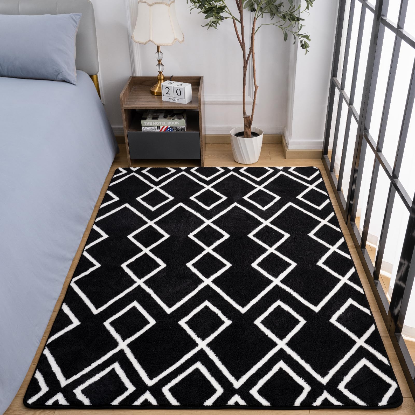 Toneed Geometric Area Rugs Memory Foam Carpet, 4 x 6 Feet Black Washable Shag Rug Modern Low Pile Moroccan Rug for Bedroom Living Room Dorm Nursery Kids Room Home Decor