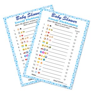 baby shower emoji pictionary game, blue for boy, baby shower and sprinkle party ideas, play pack of 30 cards 5”x7”. made in usa