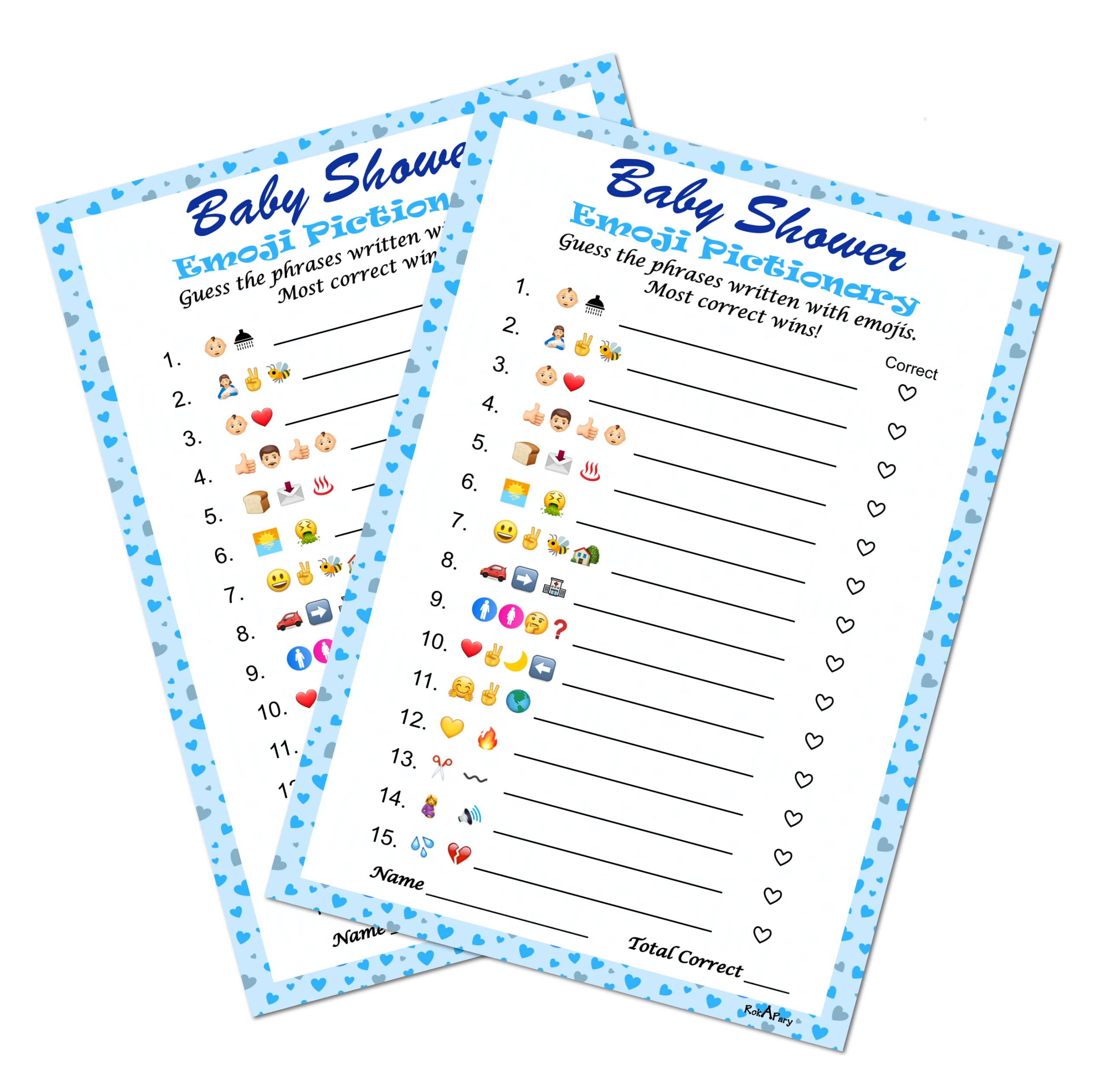 Baby Shower Emoji Pictionary Game, Blue for Boy, Baby Shower and Sprinkle Party Ideas, Play Pack of 30 Cards 5”x7”. Made in USA