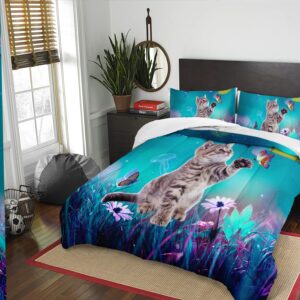 AILONEN Cat Bedding Set Queen Size with Girl Sitting on The Moon and Jellyfish Comforter Set for Kids Boys Girls,Dreamy Starry Soft Breathable Duvet Set 3 Pieces, 1 Quilt and 2 Pillowcases