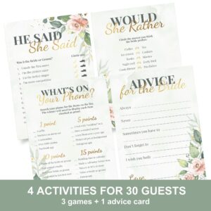 Bridal Shower Games + Advice Cards - For 30 Guests - 4 Activities on Double Sided Cards Includes 3 Games + 1 Advice Card - Greenery Floral Wedding Shower Games With Gold Metallic Details. Set of 4