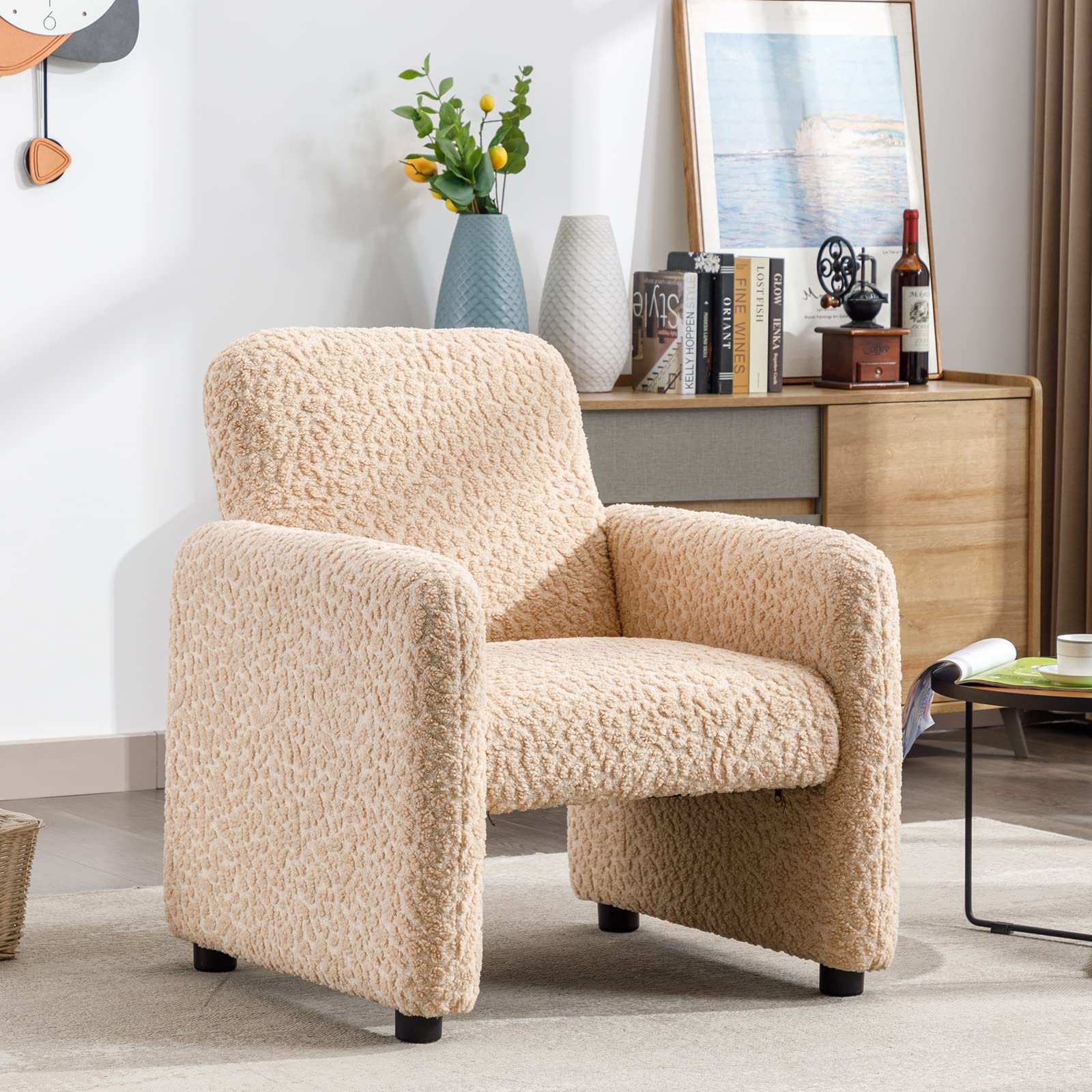 ZSARTS Sherpa Accent Chair with High Back, Khaki Teddy Armchair Upholstered Single Sofa Comfy Side Chair Vanity Chair with Wood Frame for Bedroom Reception Small Space,Khaki