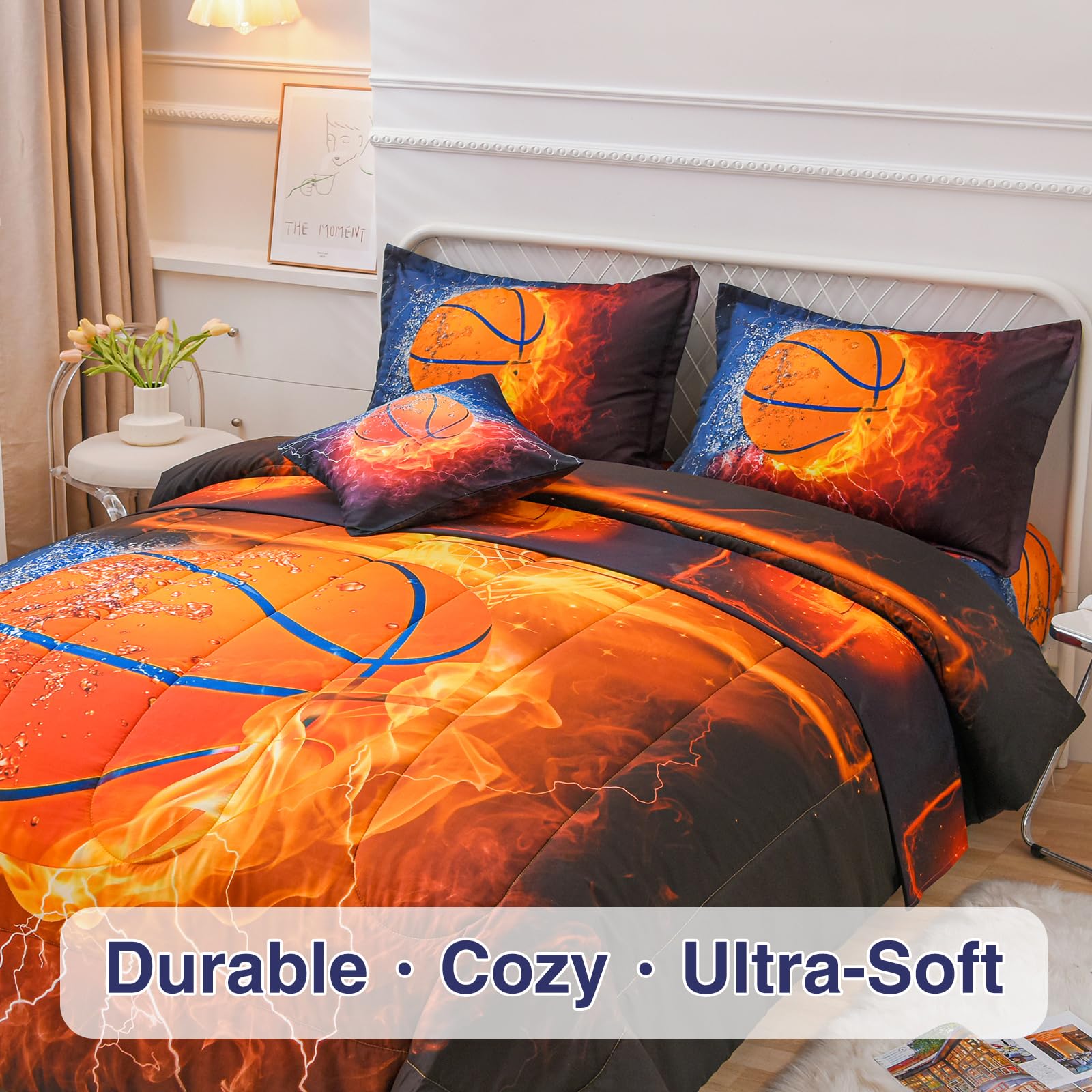 A Nice Night Basketball Print,with Fire and Ice Pattern,Comforter Quilt Set 6PCS Bedding Sets, for Boys Kids Teen (Basketball, Twin)