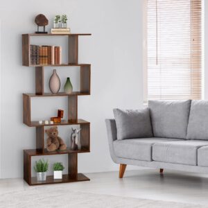 SUPER DEAL Wood Bookcase, 5-Tier Bookshelf Geometric S-Shaped Shelf with Anti Tipping Device, Narrow Storage Rack and Room Divider for Bedroom Living Room Home Office, 62 Inch Tall Rustic Brown