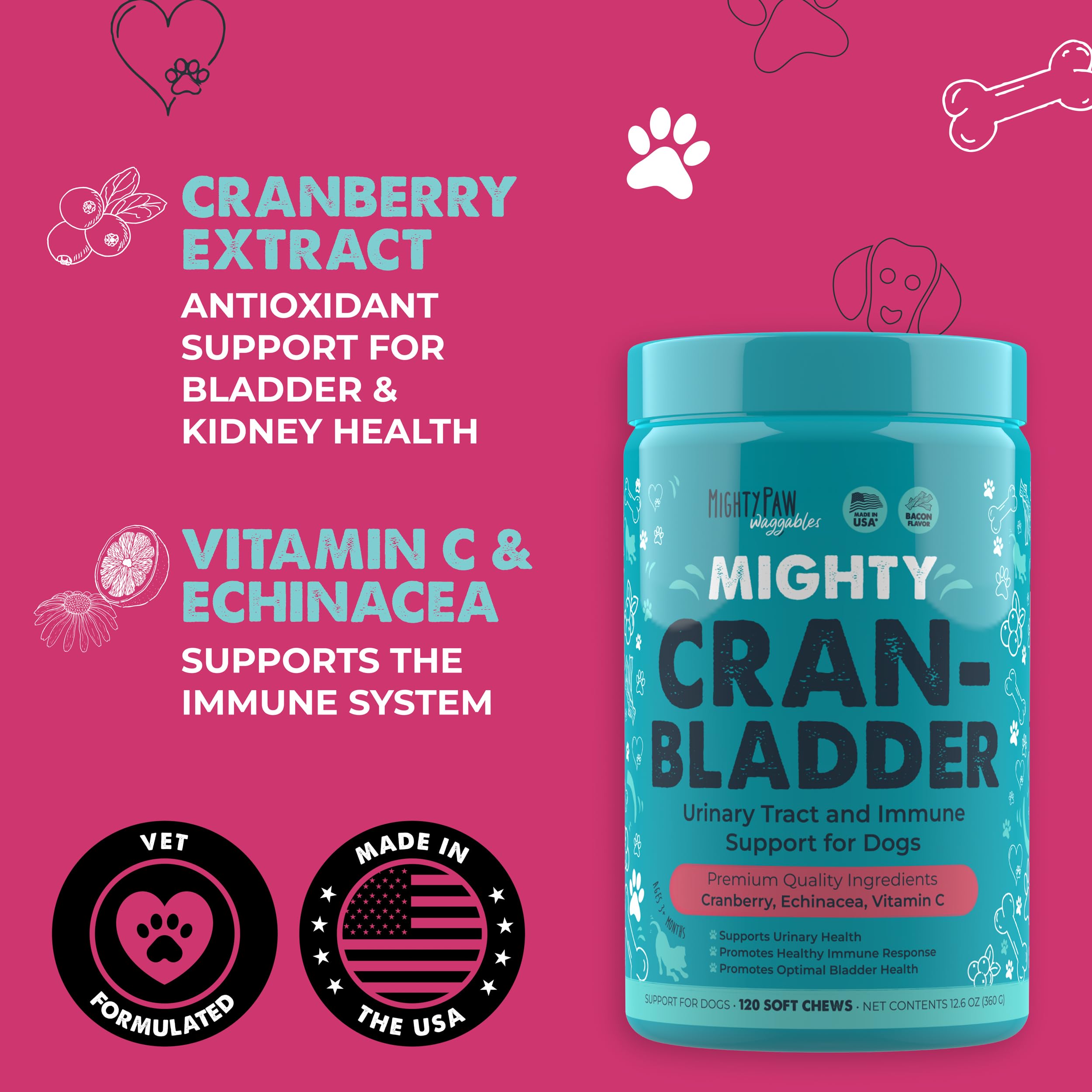 Mighty Paw Waggables Cran-Bladder (Made in The USA) | Cranberry Supplement for Dogs, Cranberry Chews for Urinary Tract Health. Kidney, & Bladder Support. Antioxidant Immune Health (120 Count)