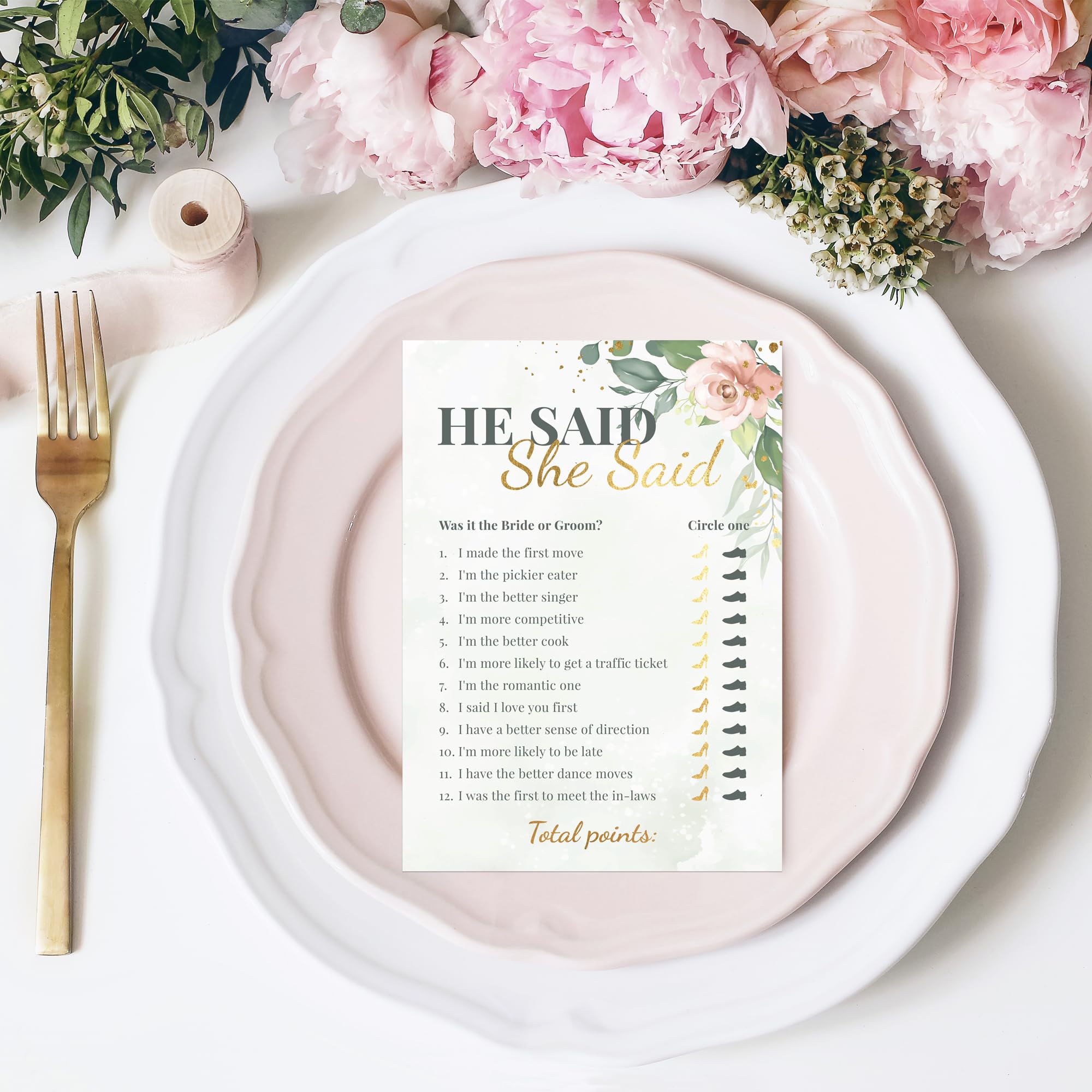 Bridal Shower Games + Advice Cards - For 30 Guests - 4 Activities on Double Sided Cards Includes 3 Games + 1 Advice Card - Greenery Floral Wedding Shower Games With Gold Metallic Details. Set of 4