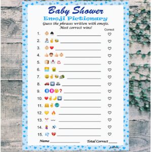 Baby Shower Emoji Pictionary Game, Blue for Boy, Baby Shower and Sprinkle Party Ideas, Play Pack of 30 Cards 5”x7”. Made in USA