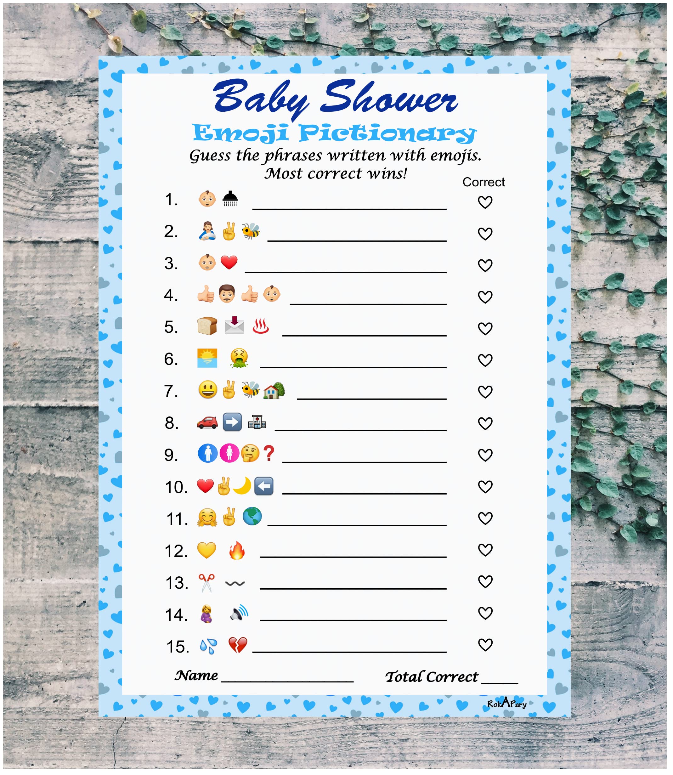 Baby Shower Emoji Pictionary Game, Blue for Boy, Baby Shower and Sprinkle Party Ideas, Play Pack of 30 Cards 5”x7”. Made in USA