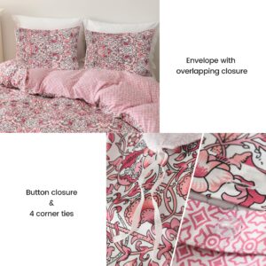 Rosecret King Size Duvet Cover,Viscose derived from Bamboo,Cooling for Hot Sleepers,Red Floral Solid Reversible,1 Duvet Cover 2 Pillowcases with Corner Ties,Button Closure