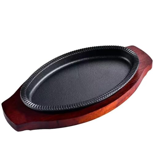 YYJINGYOU Cast Iron Steak Fajita Plate Set with wood Plate for Steak Pizza (9 x 6 inch)