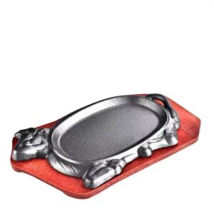 YYJINGYOU Cattle Cast Iron Steak Fajita Plate Set with wood Plate for Steak Pizza (10 x 7 inch)