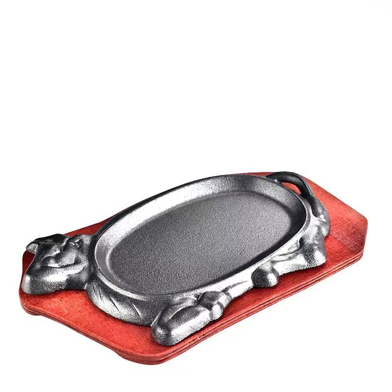 YYJINGYOU Cattle Cast Iron Steak Fajita Plate Set with wood Plate for Steak Pizza (10 x 7 inch)