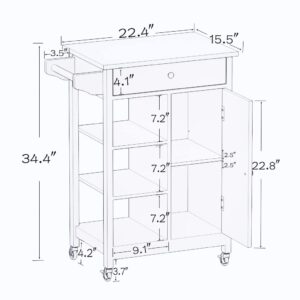 RASOO Kitchen Cart with Storage White Small Narrow Island Cart on Wheels Wood Top Storage Cabinet with Single Door and One Drawer Solid & 2 Open Shelves