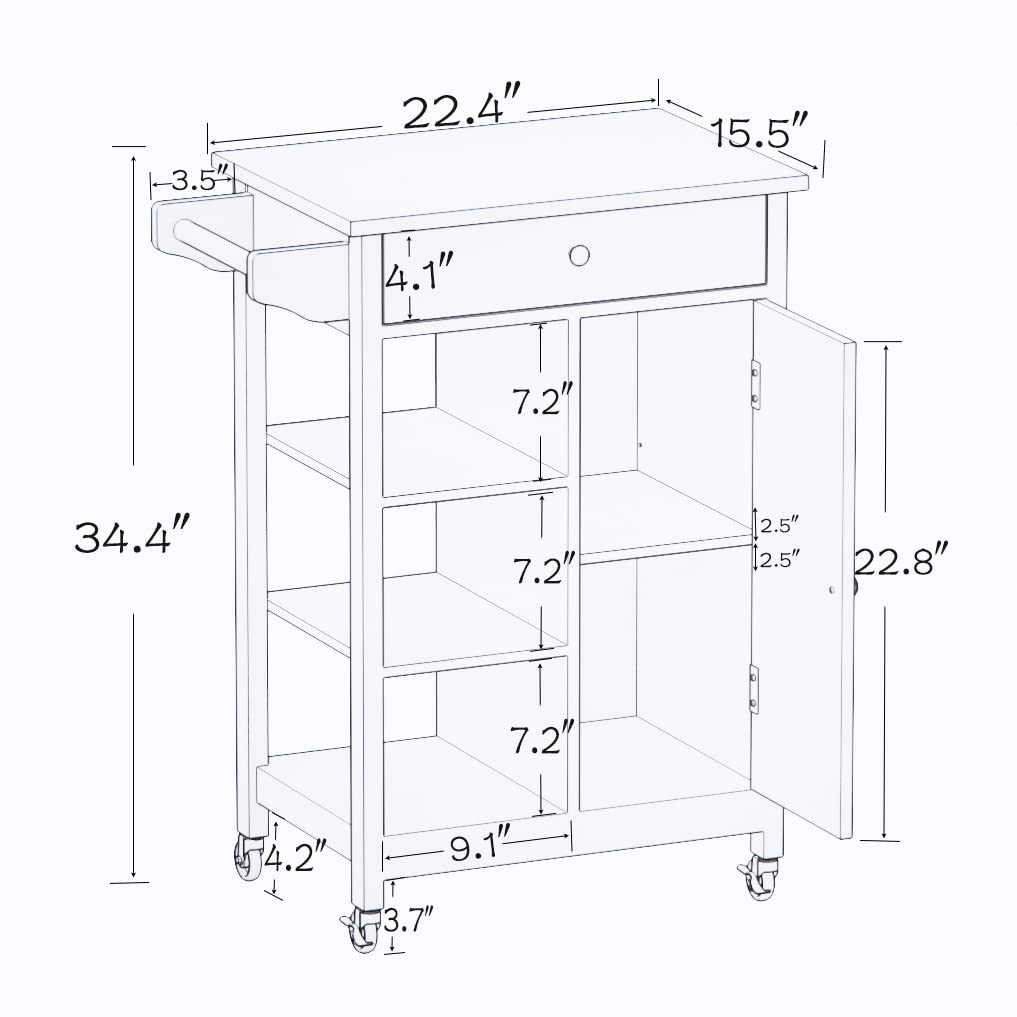 RASOO Kitchen Cart with Storage White Small Narrow Island Cart on Wheels Wood Top Storage Cabinet with Single Door and One Drawer Solid & 2 Open Shelves