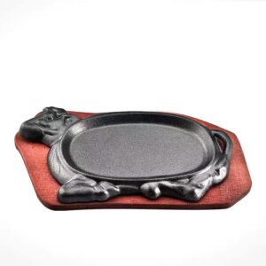 YYJINGYOU Cattle Cast Iron Steak Fajita Plate Set with wood Plate for Steak Pizza (10 x 7 inch)