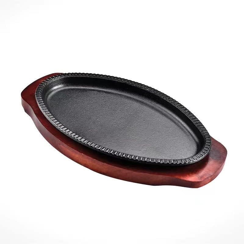 YYJINGYOU Cast Iron Steak Fajita Plate Set with wood Plate for Steak Pizza (9 x 6 inch)