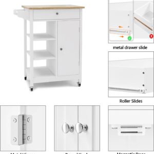 RASOO Kitchen Cart with Storage White Small Narrow Island Cart on Wheels Wood Top Storage Cabinet with Single Door and One Drawer Solid & 2 Open Shelves